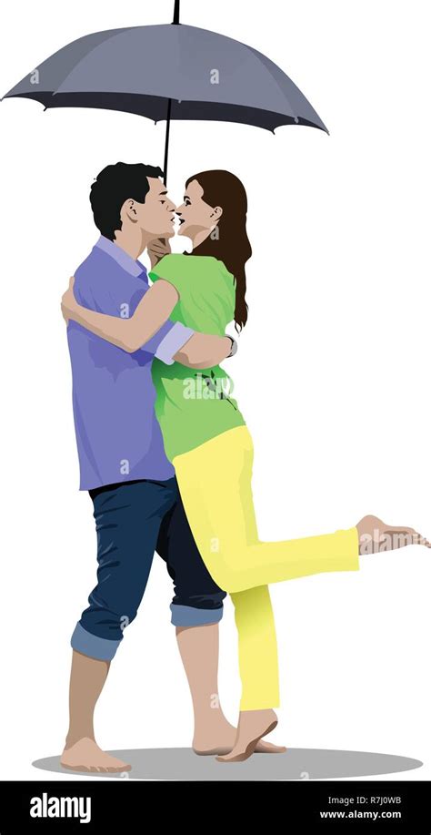 Couple Kissing Rain Umbrella Stock Vector Images Alamy