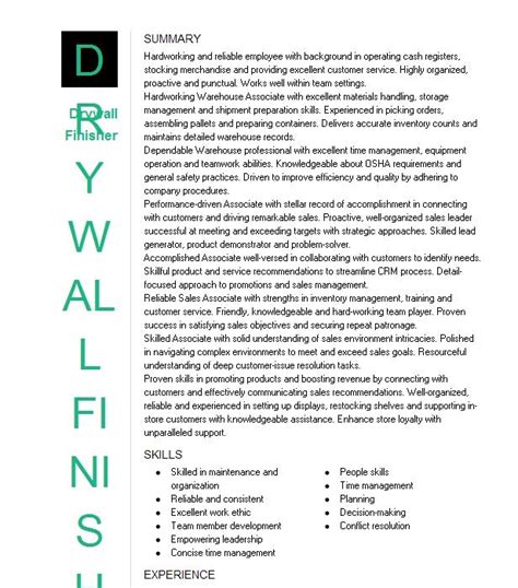 Drywall Finisher Resume Example