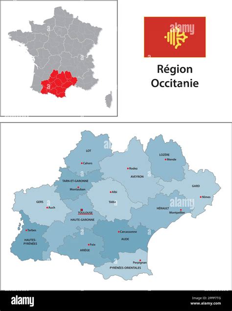 Administrative Vector Map With Flag Of French Region Of Occitania Stock