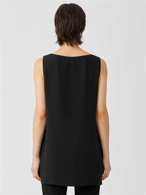 Women Petite Eileen Fisher Silk Georgette Crepe Bateau Neck Tank Black