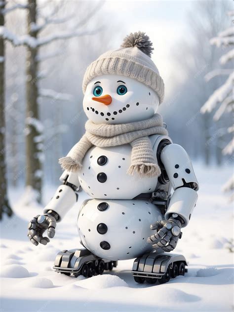 Premium Photo Snowman Robot At Winter Landscape