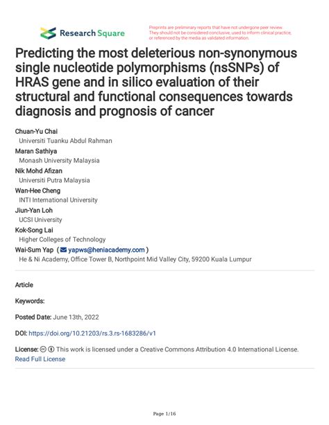 PDF Predicting The Most Deleterious Non Synonymous Single Nucleotide