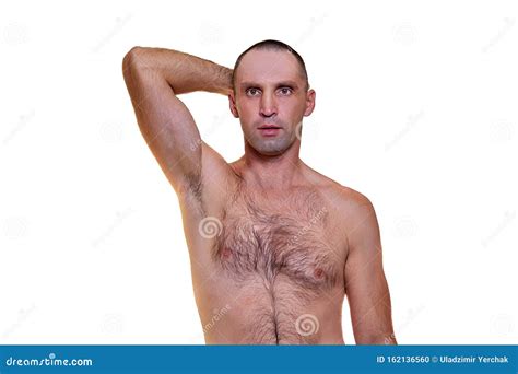 Mature Handsome Man With A Naked Torso Isolated On A White Background