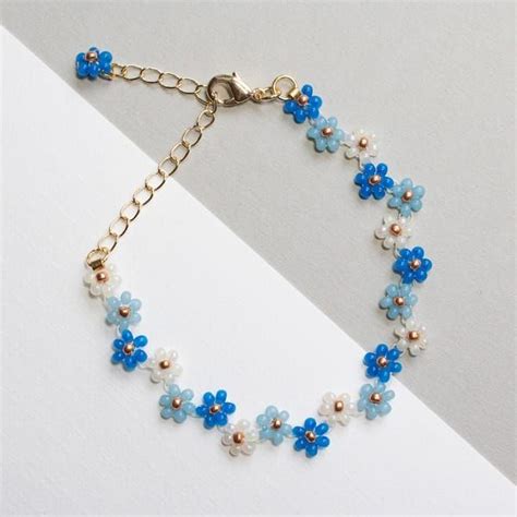 Blue Flower Bracelet Beaded Bracelet Daisy Zig Zag Beaded Necklace