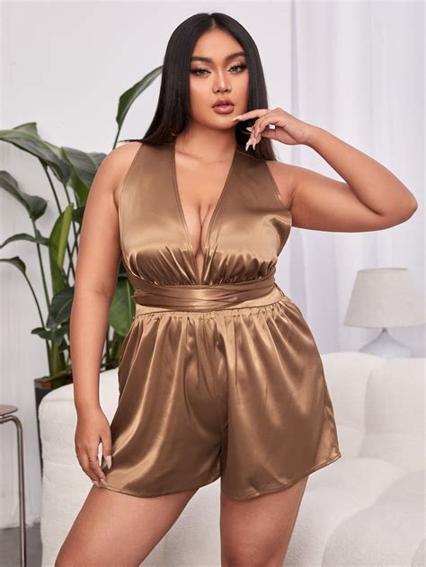 Shein Sxy Plus Plunging Neck Crisscross Tie Backless Satin Romper