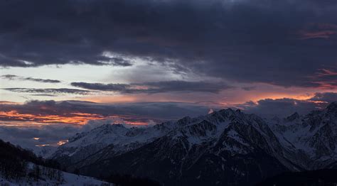 Nature Sunset Night Clouds Mountain Vertex Top Snow Covered