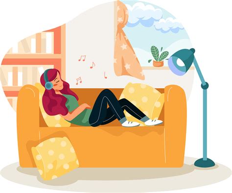 Girl Listening To Music While Sleeping On The Couch Vector Art