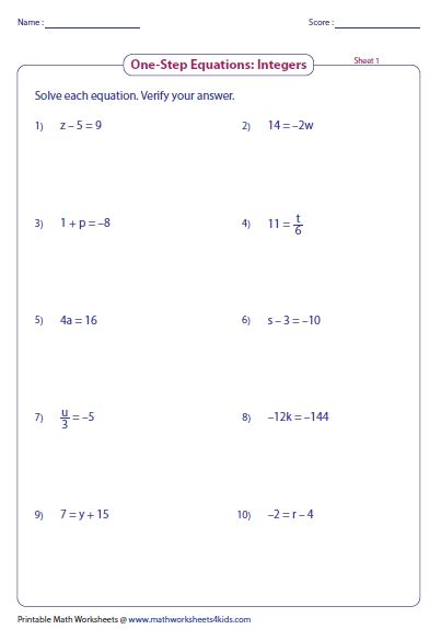 One Step Equation Worksheets