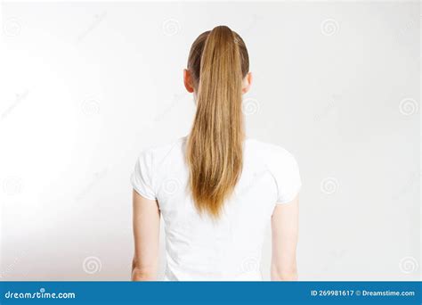 Closeup Woman Ponytail Back View Isolated On White Background Hair Natural Blonde Straight Long