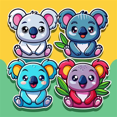 Conjunto De Cuatro Osos Koala De Dibujos Animados En Diferentes Colores