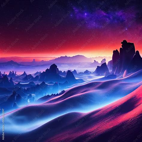 A fantasy alien landscape with rocky peaks and vibrant colorful galaxy sky. Dreamy rainbow ...