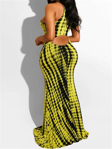 Halter Tie Dye Maxi Dress Vestido Recto Amarillo Y Negro Vestidos