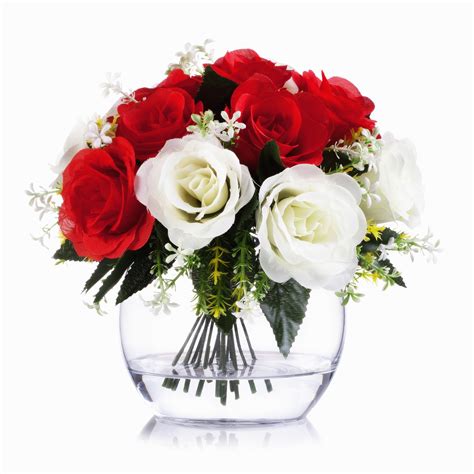 Enova Home Artificial Mixed Open Roses Silk Flowers Arrangement In Clear Glass Vase With Faux