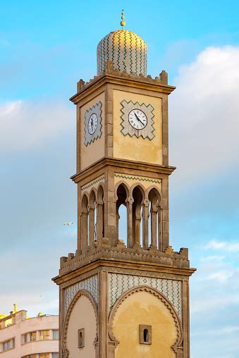 Ancient Clock Tower At Bazar Aya In The Old Medina Of Casablanca Stock