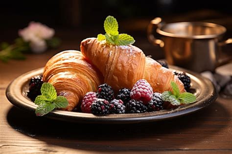 Premium Photo Croissants On A Plate With Sliced Mango And Lime