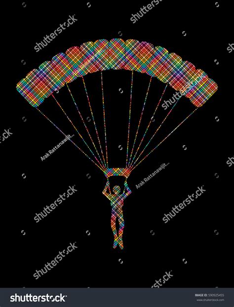 Parachuting Silhouette Designed Using Colorful Pixels Stock Vector