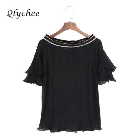 Qlychee Sexy Off Shoulder Women See Through Blouse Flare Sleeve Slash