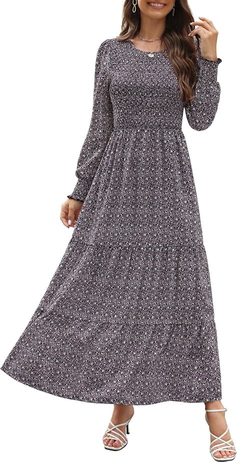 Annebouti Women Round Neck Long Sleeve Boho Floral Smocked Tiered Maxi