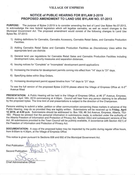 2nd Notice Of Public Hearing For Land Use Bylaw Amendment Village Of