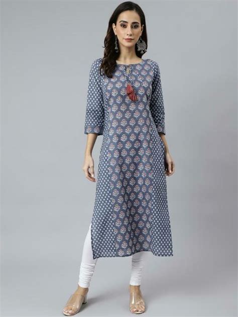 Buy Janasya Women S Blue Cotton Block Print Straight Kurta Online At