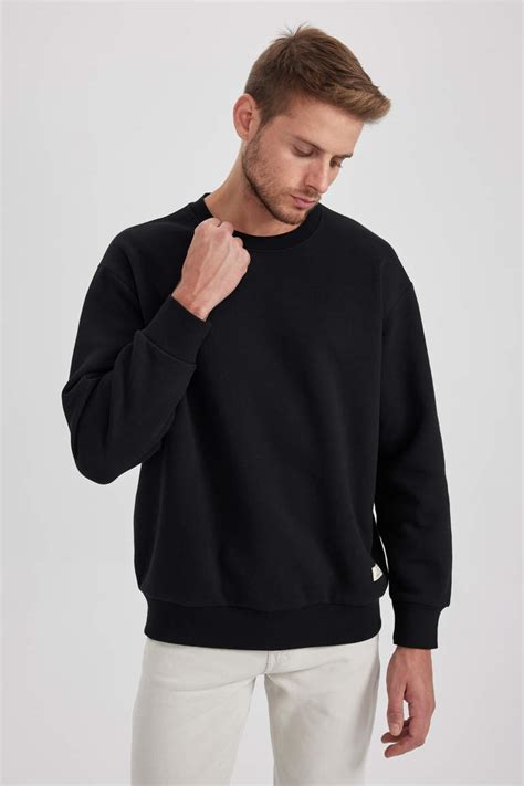 Siyah Erkek Oversize Fit Bisiklet Yaka Basic Sweatshirt Defacto