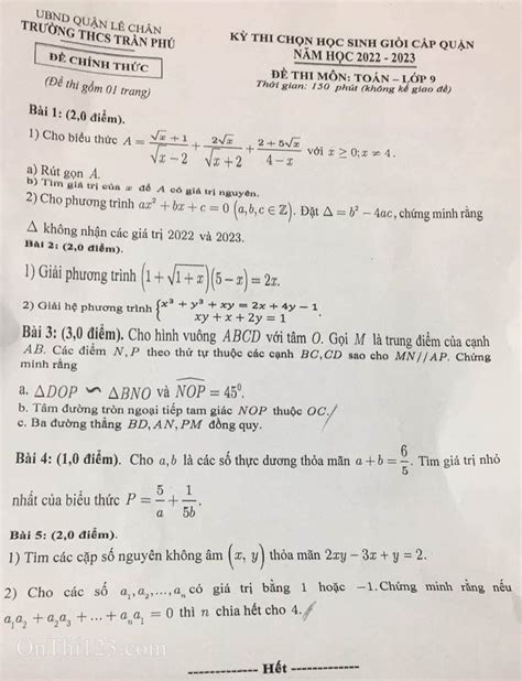 Đề thi HSG Toán 9 trường THCS Trần Phú quận Lê Chân 2022 2023