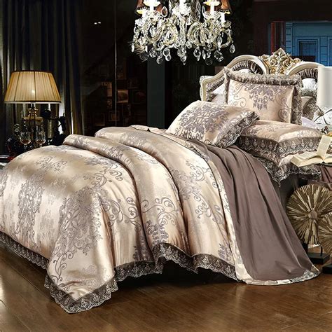 Luxury Lace Jacquard Bedding Blue Beige Silver Gold Color Satin Bedding