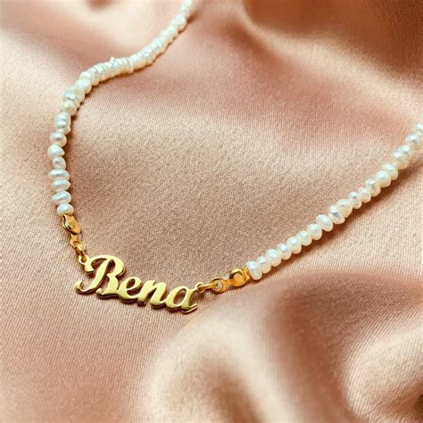 Cursive Name Necklace With Organic Pearls Gold Electroplated