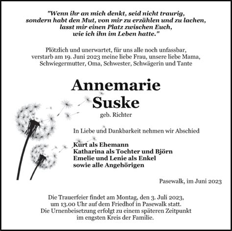 Traueranzeigen Von Annemarie Suske Trauer Nordkurier