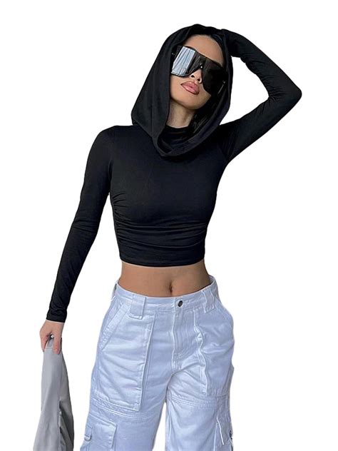 Michellecmm Womenacute S Hooded Crop Tops Long Sleeve Cowl Neck Solid