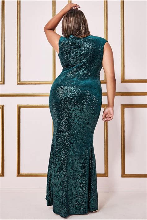 Goddiva Plus Sequin And Velvet Bardot Maxi Dress Emerald