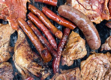 Marinated Meat On Charcoal Grill Bbq Grilling Chicken Sausage And Pork Stock Image Image Of