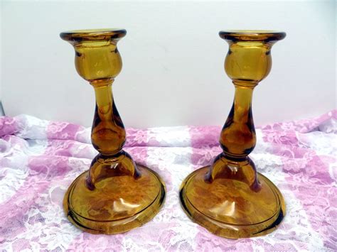 Vintage Amber Glass Candle Holders Round Base 6 1 2 Pair Etsy Candle Holders Glass Candle