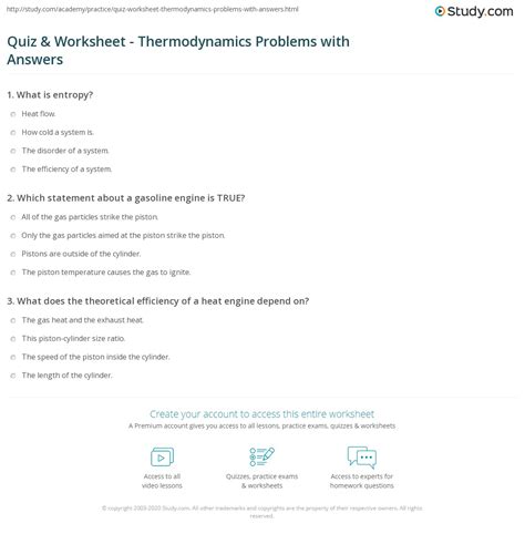 Quiz Worksheet Thermodynamics Problems With Answers Study