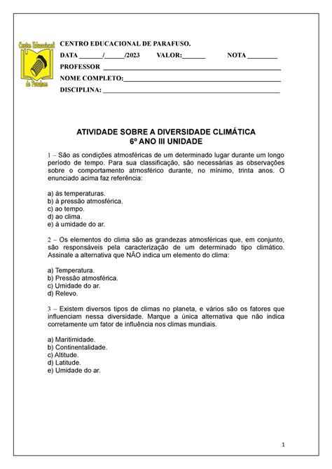 Atividade Sobre A Diversidade Climática 6 ANO CENTRO EDUCACIONAL DE