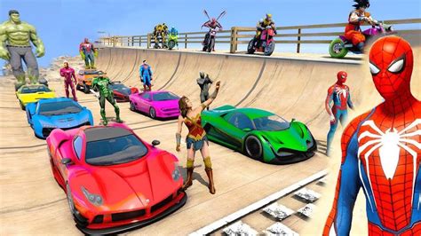 SUPERHERO CARS Race On SUPER MARIO RAMP SPIDERMAN HULK Goku TANK FIRE