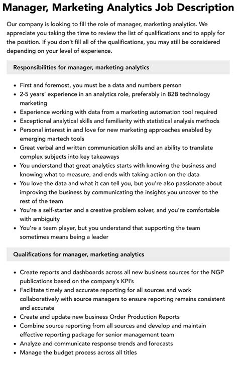 Manager Marketing Analytics Job Description Velvet Jobs