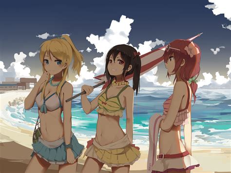 Wallpaper Illustration Redhead Blonde Sea Long Hair Anime Girls