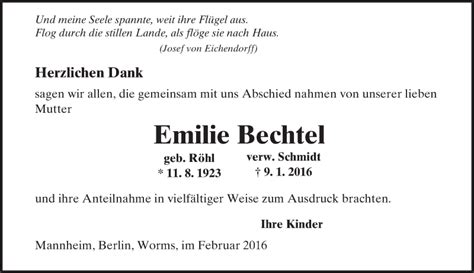 Traueranzeigen Von Emilie Bechtel Vrm Trauer De