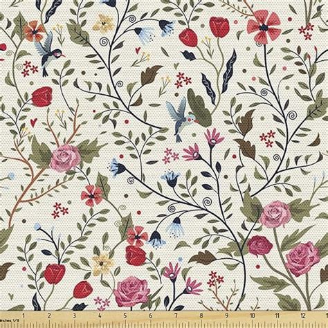 Lunarable Floral Fabric By The Yard Colorful Oriental Pattern With