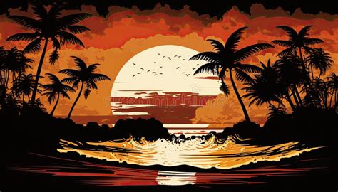 Silhouette Palm Tree On Beach Under Sunset Sky Background Orange Color