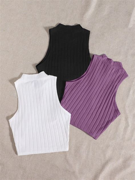 Shein Ezwear 3 Pack Mock Neck Rib Knit Tank Top Knitted Tank Top Knitted Tank Top Women Knit