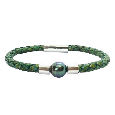 Bracelet Perle De Tahiti Sur Cuir Tress Pour Homme Couleur Vert