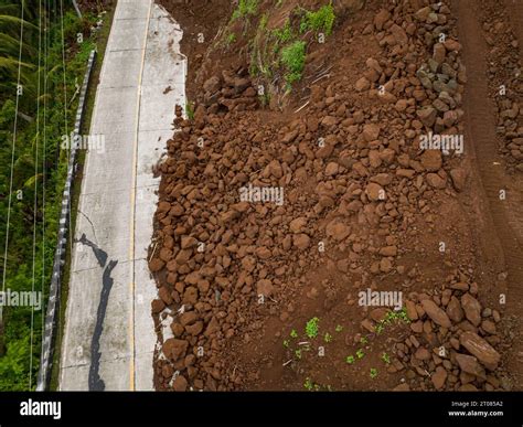 Camiguin Island Aerial View Of Mud And Rocks Blocking The Road After