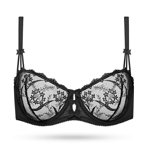 Deyllo Womens Embroidered Lace Unlined Bra 12 Cup Demi Sheer See Through Underwire Bras Non