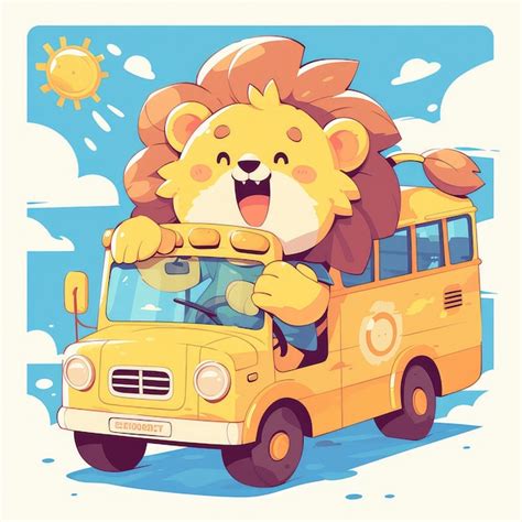 Un Lion Conduit Un Bus Dans Le Style Des Dessins Anim S Vecteur Premium