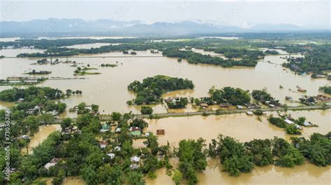 Aerial View Of Small Town Been Flooded Countryside Neighbourhood In