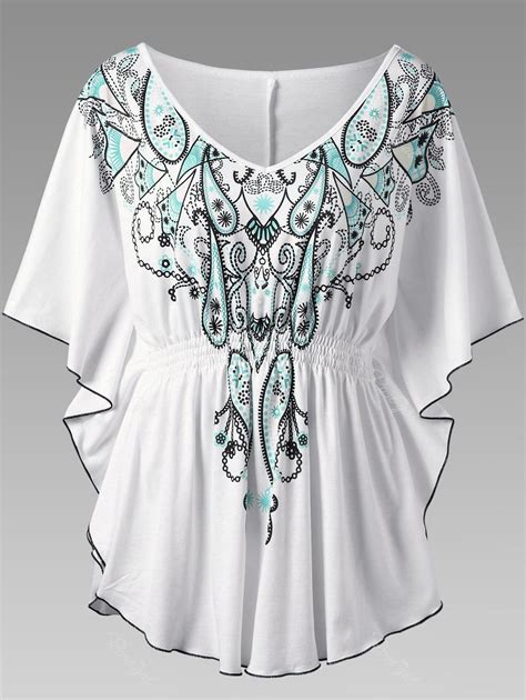 [27 Off] Butterfly Sleeve Graphic Asymmetrical Plus Size Top Rosegal