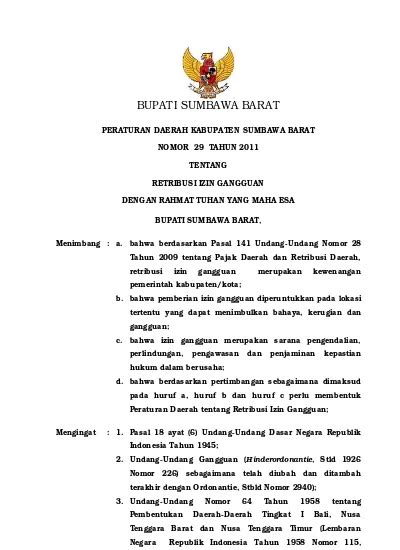 Perda Nomor 29 Tahun 2011 Tentang Retribusi Izin Gangguan