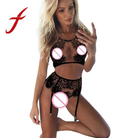 Feitong Women Lingerie Set Sexy Open Cup Transparent Corset Lace